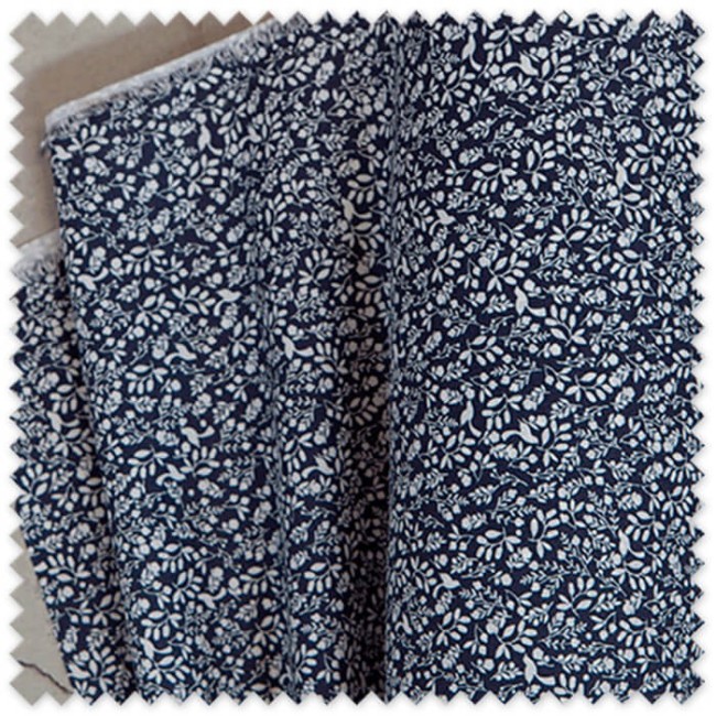 Tela Voile Algodón 100% Orgánico Flores y Pájaros Fondo Azul | Tela Ligera para Vestidos y Bebé
