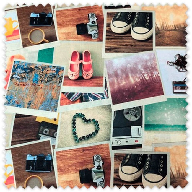 Tela Algodón 100% estampada con diseño de fotos collage en oferta por metros