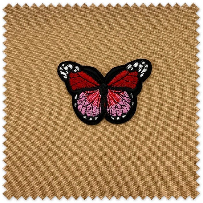 Parche Mariposa Rojo y Rosa bordado para decorar prendas, bolsos y complementos