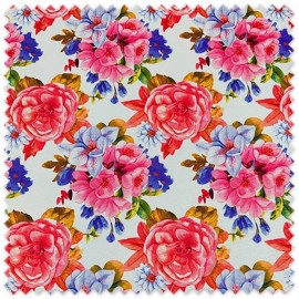 Tela strech flamenca flores rosas y lilas para traje de flamenca