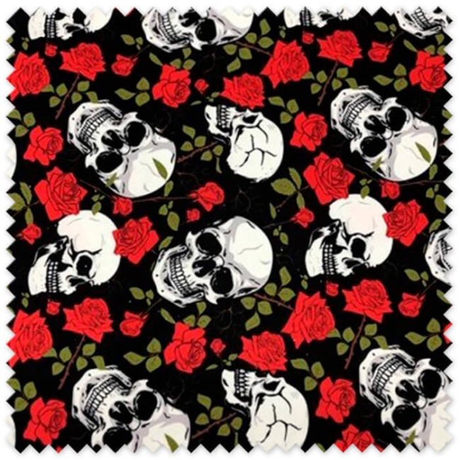 Tela Strech estampada de Calaveras con Rosas por metros para confección de moda alternativa, Halloween, cosplay y decoración