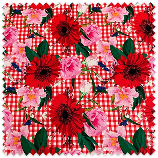 Comprar Tela Strech Flamenca Flores Fondo Cuadros Rojo | Tela Flamenca Estampada