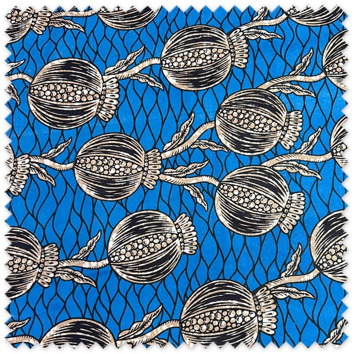 Tela Africana Círculos Topo y Azul por metros con estampado geométrico de inspiración africana, ideal para vestidos