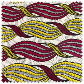 Tela Africana Trenzado Amarillo y Rojo Fondo Mantequilla y Puntos por metros con estampado étnico, ideal para vestidos