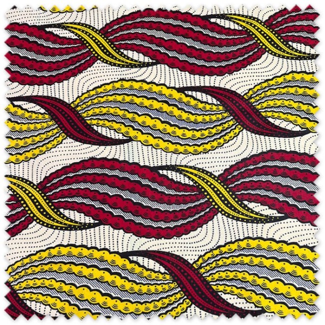 Tela Africana Trenzado Amarillo y Rojo Fondo Mantequilla y Puntos por metros con estampado étnico, ideal para vestidos