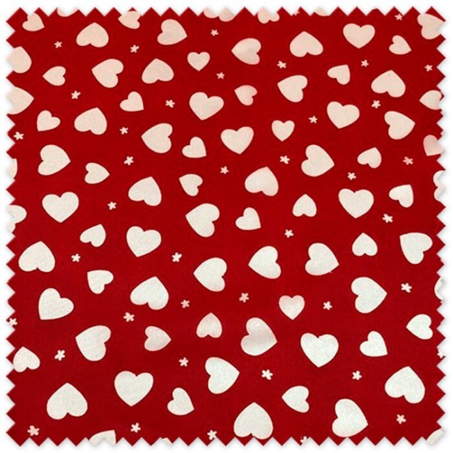 Tela Rasete Corazones Fondo Rojo en oferta por metros con estampado de corazones, ideal disfraces, decoración de San Valentín