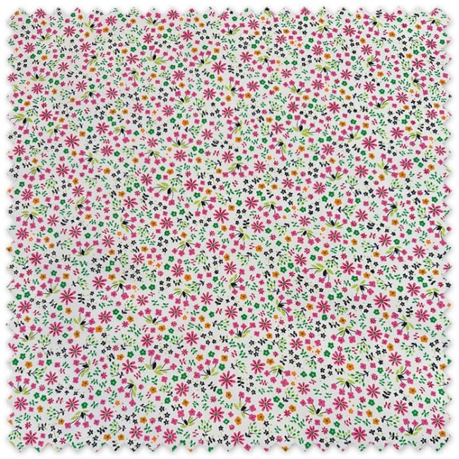 Tela Piqué Flores Alegría Fucsia por metros con estampado floral, ideal para vestidos infantiles, ropa de bebé, canastillas