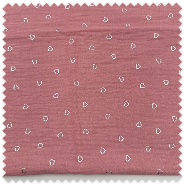 Retal 0,50 metros Algodón 100% Doble Gasa Corazón Rosa Empolvado, tela muselina suave ideal para ropa de bebé