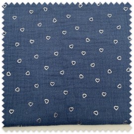 Retal 0,55 metros Algodón 100% Doble Gasa Corazones Azul Jeans, muselina suave con estampado de corazones