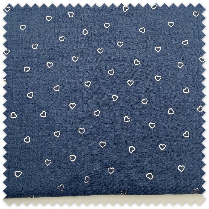 Retal 0,55 metros Algodón 100% Doble Gasa Corazones Azul Jeans, muselina suave con estampado de corazones