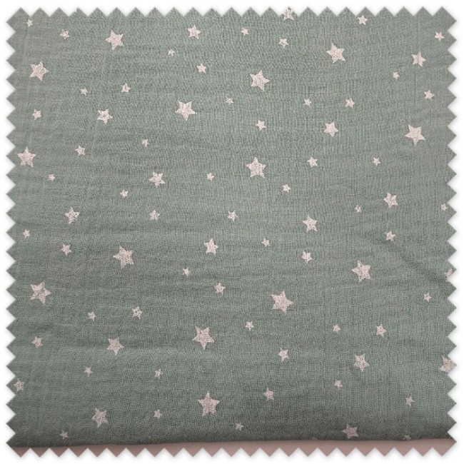 Retal 1,15 metros Algodón 100% Doble Gasa Estrellas Fondo Menta, tela muselina suave con estampado de estrellas