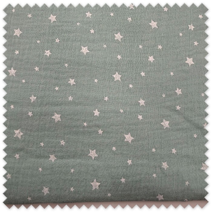Retal 1,15 metros Algodón 100% Doble Gasa Estrellas Fondo Menta, tela muselina suave con estampado de estrellas