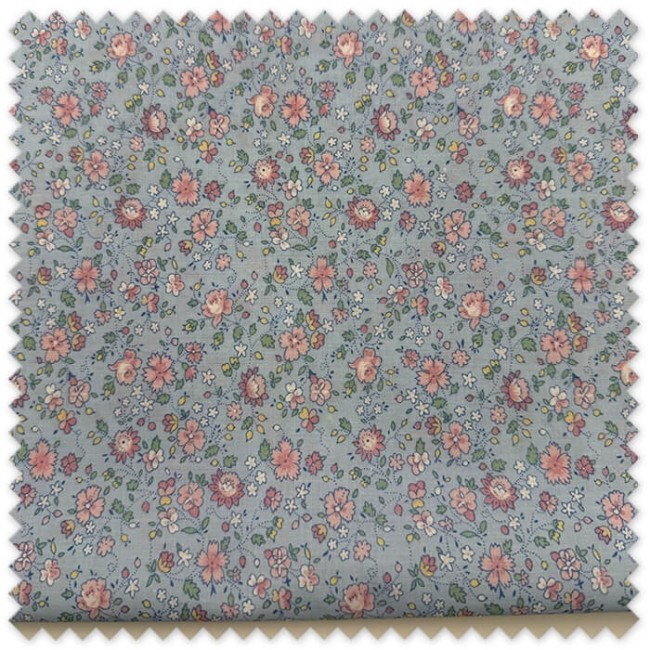 Retal 0,95 metros Popelín Flores Rosa Empolvado Fondo Azul, tela de algodón estampada ideal para vestidos infantiles