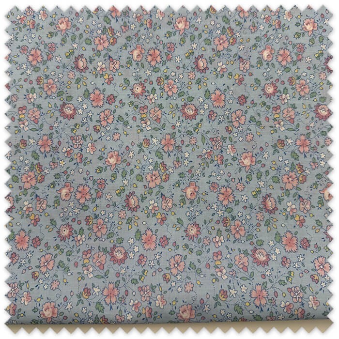 Retal 0,95 metros Popelín Flores Rosa Empolvado Fondo Azul, tela de algodón estampada ideal para vestidos infantiles