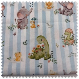 Retal 0,65 metros Algodón 100% Digital Dinosaurios Fondo Rayas, tela infantil estampada con dinosaurios ideal para ropa de niño