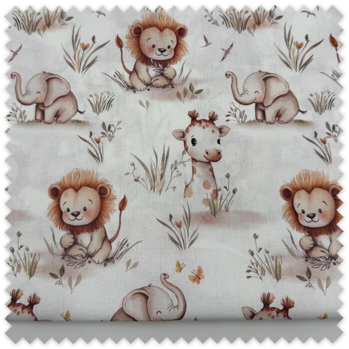 Retal 0,70 m de Algodón 100% con estampado digital de jirafas, elefantes y leones en tonos tierra