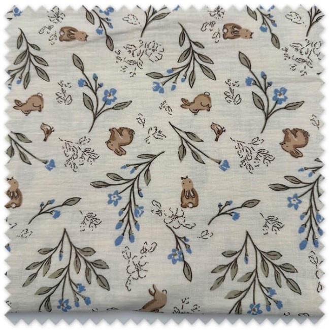Retal 0,70 m de Doble Gasa con estampado de conejitos sobre fondo crudo, tela infantil para bebés, patchwork