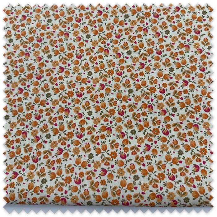 Retal 0,70 m de Algodón 100% con flores naranjas sobre fondo mantequilla, tela floral para patchwork, costura y manualidades