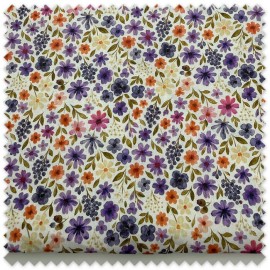 Retal 0,60 m de Algodón 100% con flores efecto acuarela en tonos lila, fucsia y morado, tela floral para patchwork