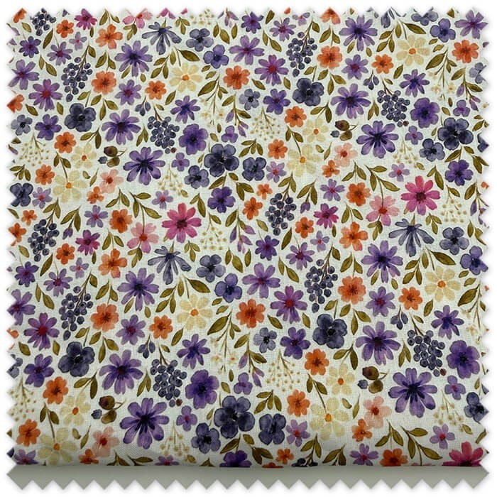Retal 0,60 m de Algodón 100% con flores efecto acuarela en tonos lila, fucsia y morado, tela floral para patchwork