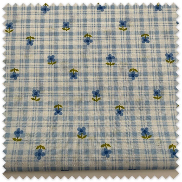 Retal 0,75 m de Popelín con estampado de cuadros azules y margaritas, tela floral para costura, patchwork y manualidades