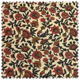Tela Algodón 100% Indiana con flores marrón, granate y negro sobre fondo tostado, tejido estampado floral de inspiración étnica