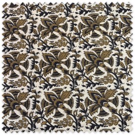 Tela Algodón 100% Indiana con ramos de flores bronce y negro sobre fondo tostado, tela floral de inspiración étnica y artesanal