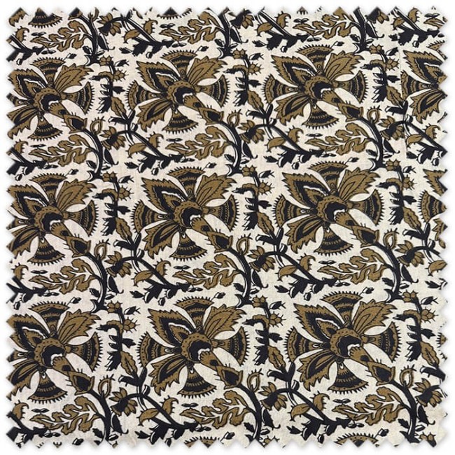 Tela Algodón 100% Indiana con ramos de flores bronce y negro sobre fondo tostado, tela floral de inspiración étnica y artesanal