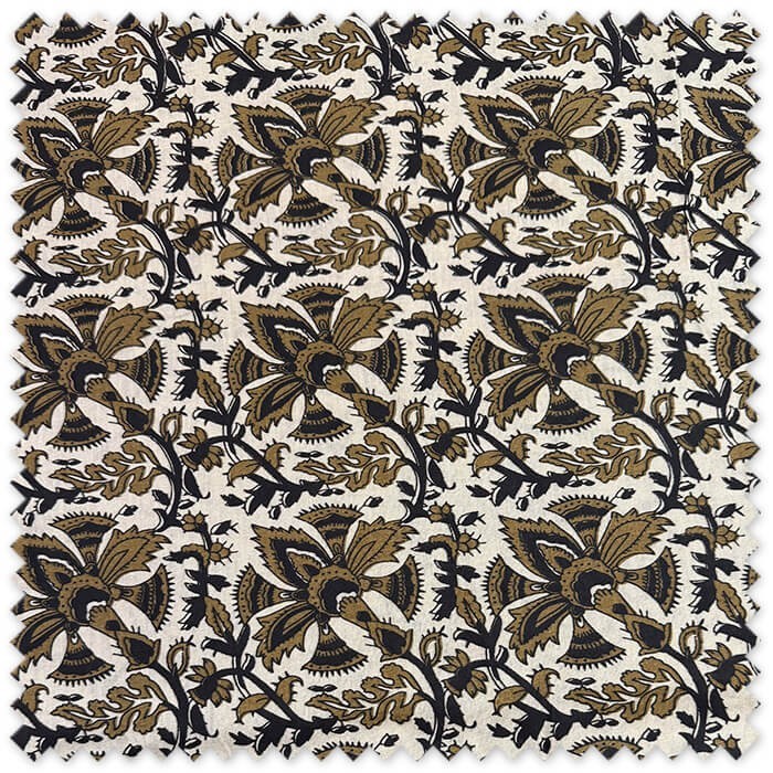 Tela Algodón 100% Indiana con ramos de flores bronce y negro sobre fondo tostado, tela floral de inspiración étnica y artesanal