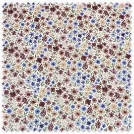 Tela Algodón 100% con flores efecto acuarela en tonos vino, azul y vainilla, tela floral estampada para confección y decoración
