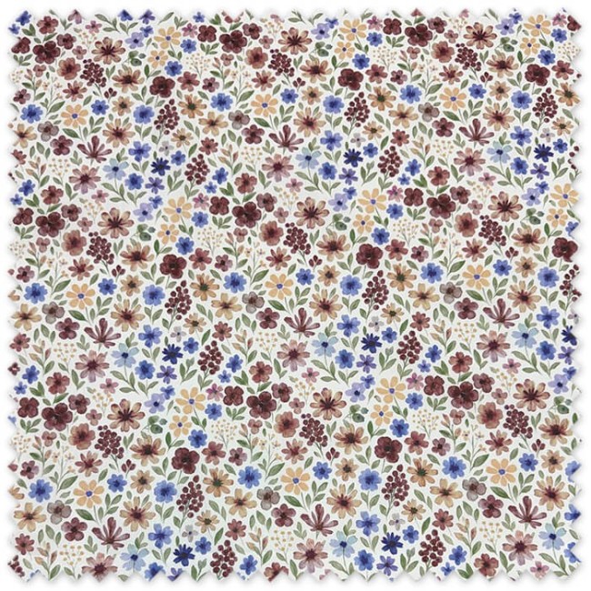 Tela Algodón 100% con flores efecto acuarela en tonos vino, azul y vainilla, tela floral estampada para confección y decoración