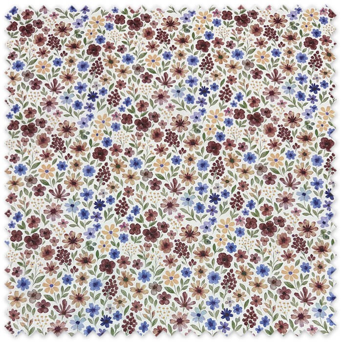 Tela Algodón 100% con flores efecto acuarela en tonos vino, azul y vainilla, tela floral estampada para confección y decoración