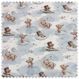 Tela Algodón 100% infantil con animales, lunas y aviones de papel en azul, tejido para bebés, niños, confección
