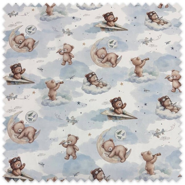 Tela Algodón 100% infantil con animales, lunas y aviones de papel en azul, tejido para bebés, niños, confección