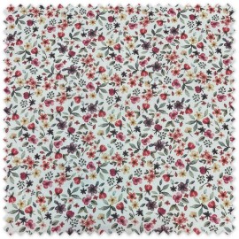 Tela Algodón 100% con flores efecto acuarela en tonos morado, rojo y mostaza, tela floral estampada para confección y decoración