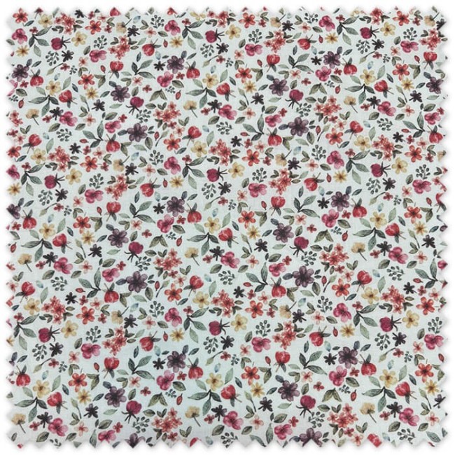 Tela Algodón 100% con flores efecto acuarela en tonos morado, rojo y mostaza, tela floral estampada para confección y decoración