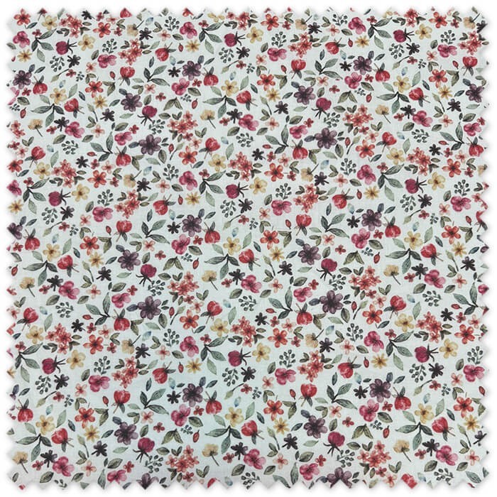 Tela Algodón 100% con flores efecto acuarela en tonos morado, rojo y mostaza, tela floral estampada para confección y decoración