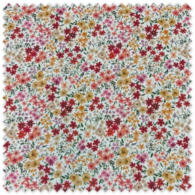 Tela Doble Gasa con flores efecto acuarela en mostaza, rojo y rosa, tejido floral ligero y vaporoso para confección