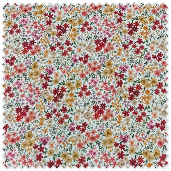 Tela Doble Gasa con flores efecto acuarela en mostaza, rojo y rosa, tejido floral ligero y vaporoso para confección