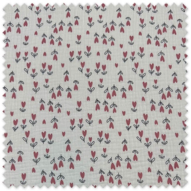 Tela Doble Gasa con corazones en rosa empolvado, tejido ligero y vaporoso para vestidos, ropa infantil