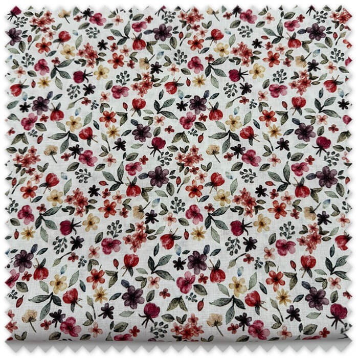 Retal de algodón 100% Flores Efecto Acuarela Morado, Rojo y Mostaza de 0,70 metros