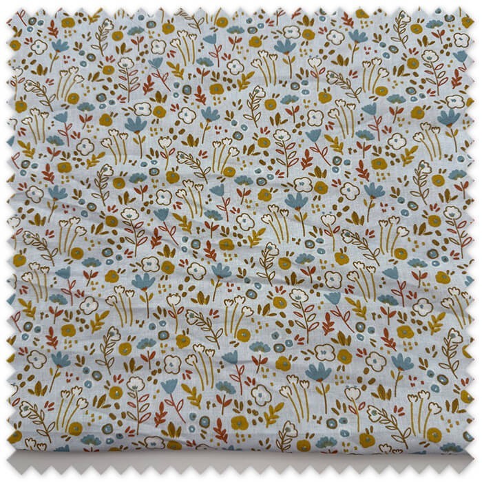 Retal 0,50 m Algodón 100% Flores Mostaza Fondo Celeste