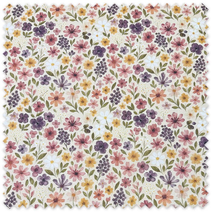 Tela Algodón 100% Flores Efecto Acuarela Violeta Rosa Mostaza Fondo Beige