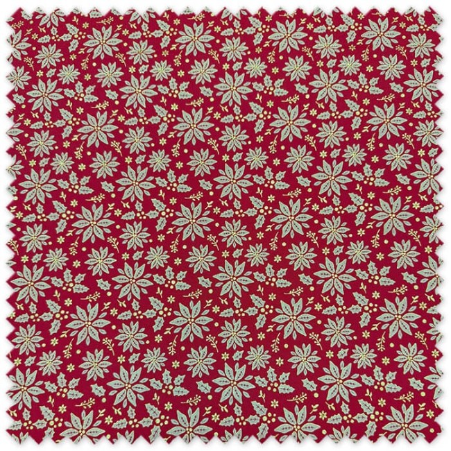 Tela Algodón 100% con lurex dorado sobre fondo rojo, ideal para decoración navideña, caminos de mesa, cojines y costura.