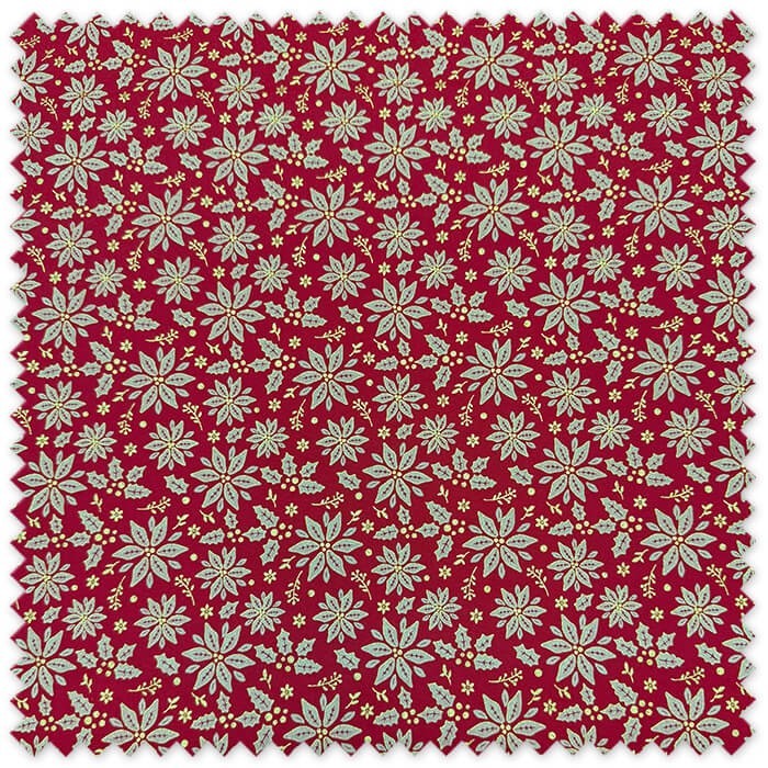 Tela Algodón 100% con lurex dorado sobre fondo rojo, ideal para decoración navideña, caminos de mesa, cojines y costura.