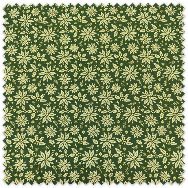 Flor Navidad con lurex dorado sobre fondo verde, ideal para caminos de mesa, cojines, decoración y costura navideña.