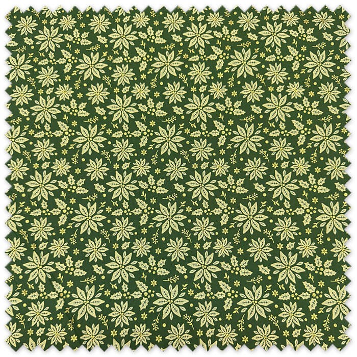 Flor Navidad con lurex dorado sobre fondo verde, ideal para caminos de mesa, cojines, decoración y costura navideña.
