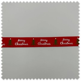 Cinta Grosgrain Feliz Navidad con árboles de Navidad en rojo y plata para regalos, decoración y manualidades navideñas.