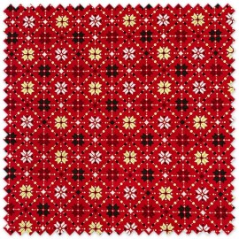 Flor Navidad con lurex dorado sobre fondo rojo, ideal para decoración navideña, caminos de mesa, cojines y costura creativa