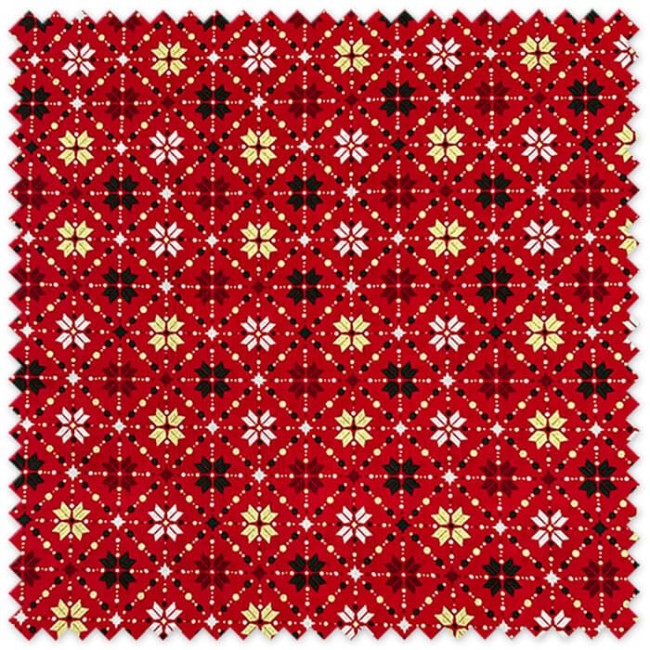 Flor Navidad con lurex dorado sobre fondo rojo, ideal para decoración navideña, caminos de mesa, cojines y costura creativa